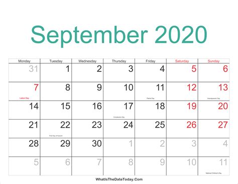 september 2020 calendar with holidays